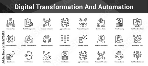 Digital Transformation And Automation Cohesive set of minimalist vector icons representing key ideas with visual clarity