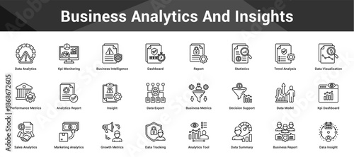Business Analytics And Insights Cohesive set of minimalist vector icons representing key ideas with visual clarity