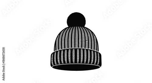 A detailed illustration of a black knit winter beanie displaying texture and form a striking silhouette