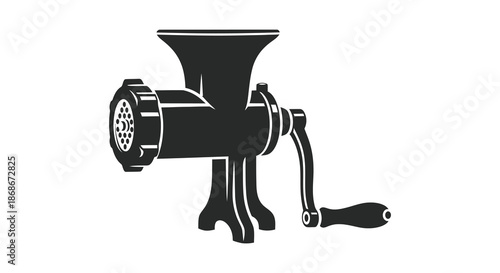 A black and white illustration of a vintage meat grinder in a striking silhouette