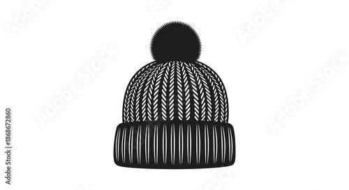 A detailed illustration of a black and white knitted winter beanie with a pom pom silhouette