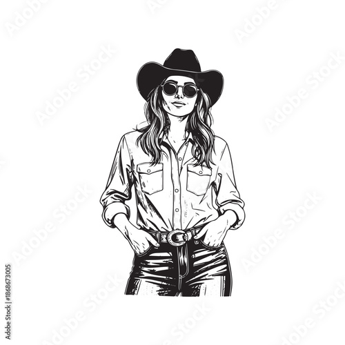 Cowgirl fashion with hat sunglasses and denim shorts