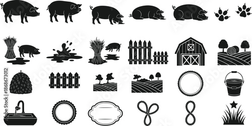 Black and white farm icons set with pigs, barn, fences, and fields