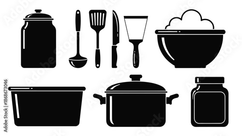 A collection of kitchen utensils and cookware in black silhouette on white background