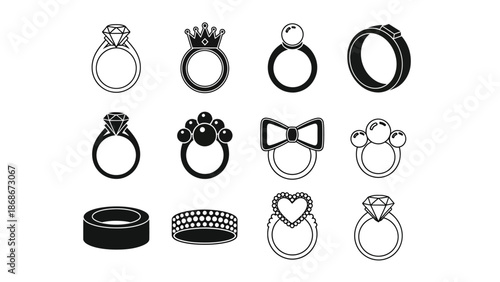 A collection of various ring designs and styles on a white background