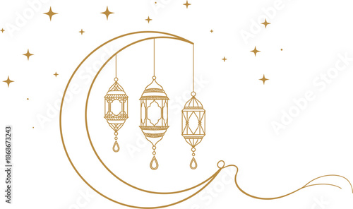 Minimalist gold line art vector of hanging islamic lanterns with crescent moon and stars on white background for ramadan kareem and eid mubarak celebration greeting cards.