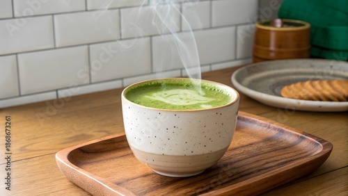Hot Matcha in an elegant kitchen