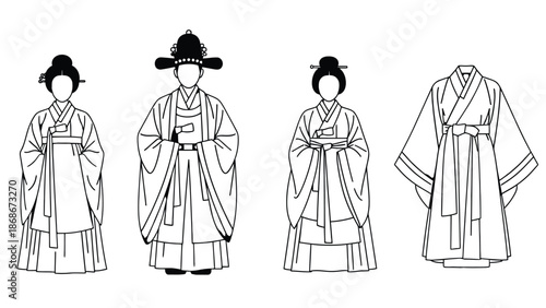 Traditional Korean clothing and accessories on display in a colorful illustration