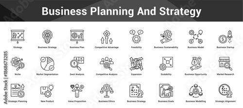 Business Planning And Strategy Cohesive set of minimalist vector icons representing key ideas with visual clarity