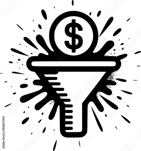 Monetary Funnel: An illustrated funnel featuring a dollar coin at the top, a symbol of financial transformation and business efficiency, perfect for concepts like sales, marketing, and revenue.