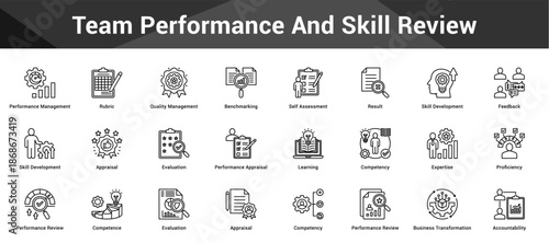 Team Performance And Skill Review Cohesive set of minimalist vector icons representing key ideas with visual clarity