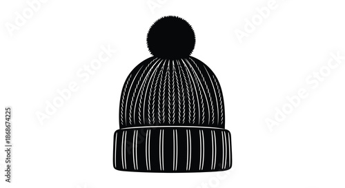 A detailed illustration of a black knitted winter hat with a pom pom presented as a silhouette