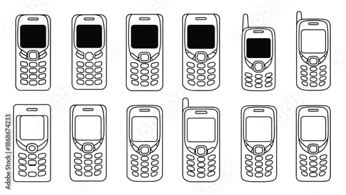 A colorful illustration of various old mobile phones on a white background