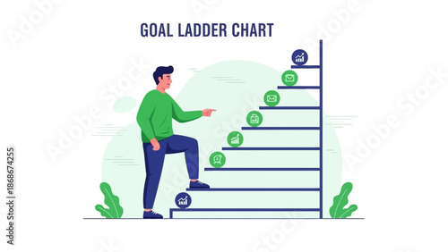 Man climbing goal ladder chart with business icons, representing progress and success
