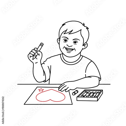 little boy with down syndrome drawing heart for greeting cards, stationery design, educational blogs and inclusion awareness, with copy space