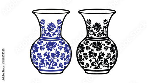 Two beautiful blue and white vases with floral patterns on a white background