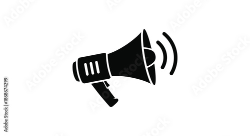 A striking black graphic of a vintage style megaphone emitting sound waves presented as a silhouette