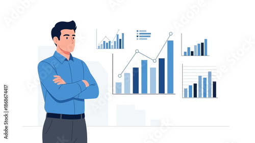 Man in Blue Shirt with Arms Crossed Near Business Growth Charts and Graphs