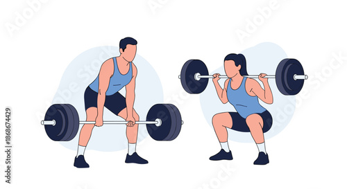 Man and woman performing strength training exercises like deadlifts and squats with heavy barbells in a gym or fitness environment.