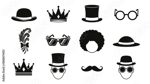A collection of black and white cartoon accessories for a party or masquerade