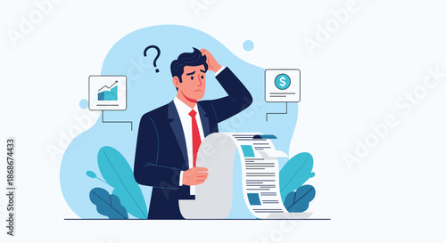 Stressed businessman analyzing a long financial receipt while worrying about expenses and budget management in a corporate office.