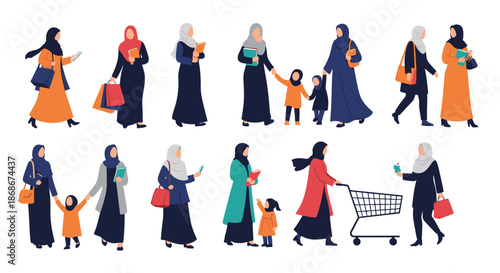 Large collection of muslim women in various hijab outfits engaged in activities like shopping, walking with children, and holding books.