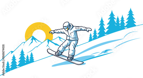 Dynamic snowboarder performing a jump on a snowy mountain slope with evergreen trees and a bright yellow sun in the background.