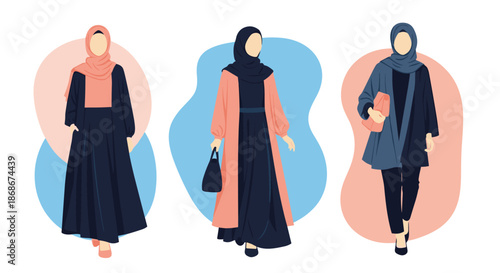 Modern Muslim women showcasing fashionable hijab styles and modest clothing options in a trendy flat vector illustration design.