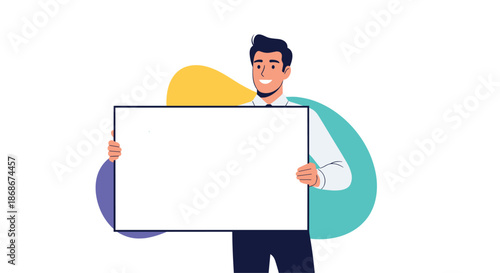 Cheerful young man in business attire holding a large blank white rectangular board for custom messages or advertisements.