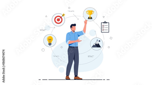 Man juggling business goals, idea, trophy, checklist, and mountain achievement