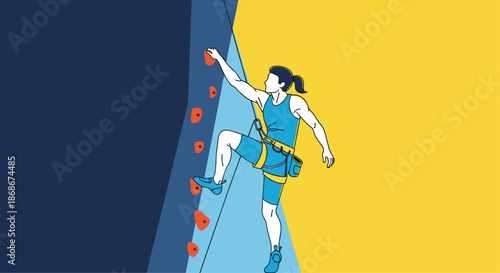 Strong woman practicing indoor rock climbing on a vertical wall with colorful holds and professional safety equipment.