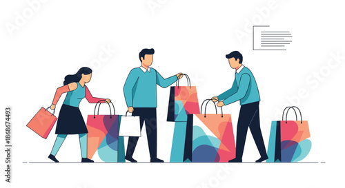 Group of diverse people happily carrying numerous colorful shopping bags after a successful day of retail therapy in the city.