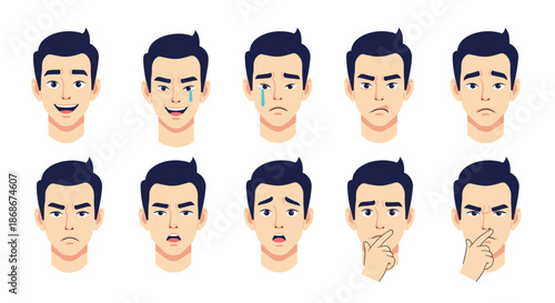 Detailed set of ten male facial expressions showing a range of human emotions from happy and sad to angry and contemplative.