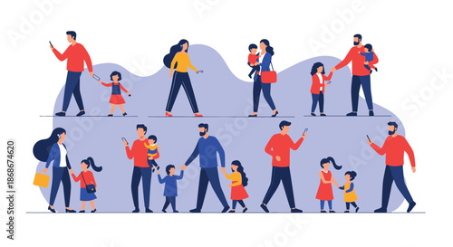 Various families and parents walking together with their children in a friendly and diverse community illustration set.