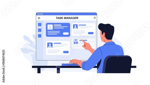 Man managing tasks on a computer screen, modern illustration