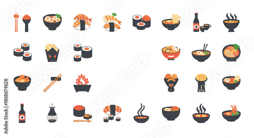 Large set of traditional Japanese food icons including various sushi rolls, ramen bowls, sashimi, and culinary ingredients.