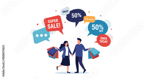 Happy young couple carrying colorful shopping bags with diverse discount and super sale offer bubbles around them on white background.