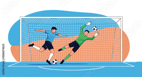Action scene of a soccer player shooting the ball while the goalkeeper dives to make a save in front of the goal post in a stadium.