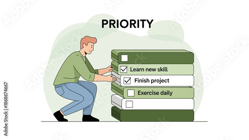 Man Organizing Priorities Stacked Books - Learn New Skill, Finish Project, Exercise Daily