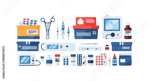 Comprehensive set of medical and healthcare equipment icons featuring medication, syringes, and patient monitoring devices.