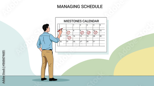 Man marking milestones on a calendar, planning schedule and deadlines
