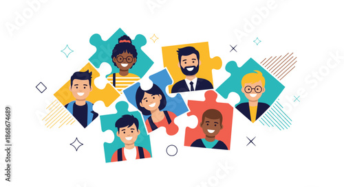 Diverse team of people depicted on interlocking colorful puzzle pieces representing successful business collaboration concepts.