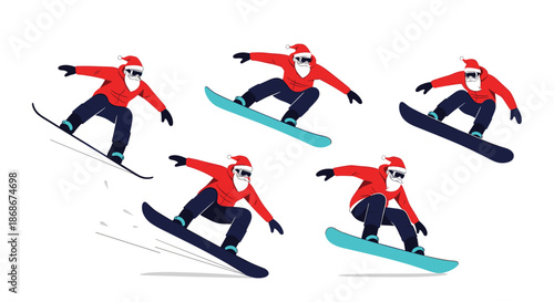 Set of five Santa Claus characters performing various dynamic tricks while snowboarding in different athletic poses.