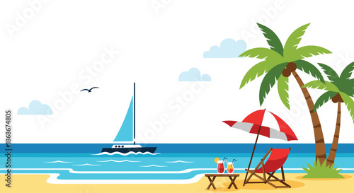 Relaxing tropical beach scene with palm trees, a lounge chair under a red umbrella, and a white sailboat on the blue sea.