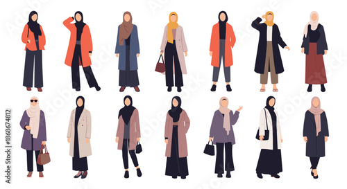 Diverse group of women in stylish modest autumn coats and hijabs standing together in a row for a fashion showcase.