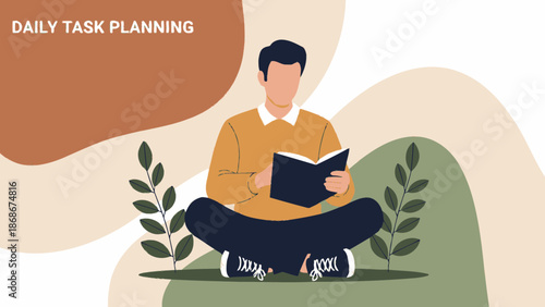 Man Planning Daily Tasks Reading Book Sitting Outdoors Nature Inspired Background