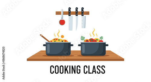 Professional cooking class illustration featuring steaming pots of delicious food on a wooden counter with kitchen tools.