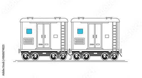 Detailed line art illustration of two connected railway freight wagons used for heavy cargo transportation on tracks.