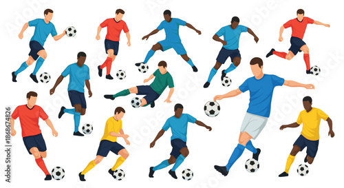 Collection of soccer players in various dynamic poses and jerseys kicking balls against a clean white background set.