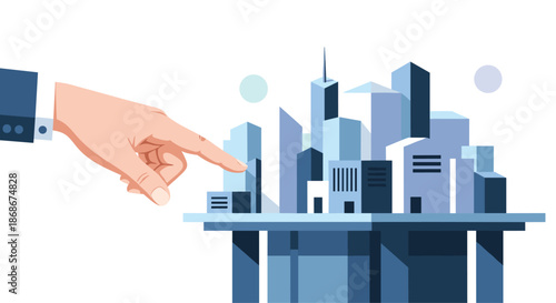 Large human hand pointing towards a miniature model of a modern urban city with blue skyscrapers and buildings.